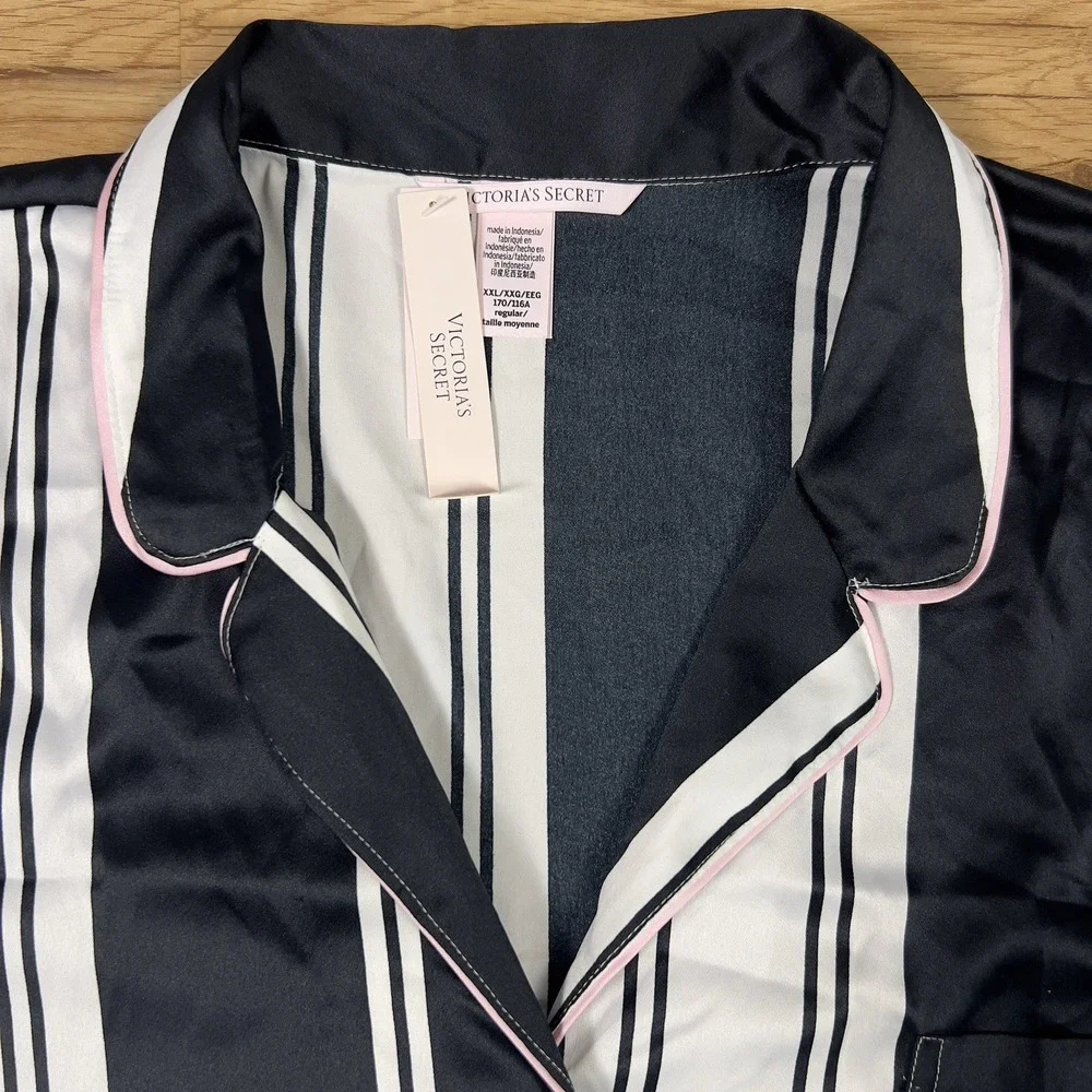 Victoria’s Secret Satin Pajama Sleep Shirt‎ Button Down Black White Stripe S.XXL